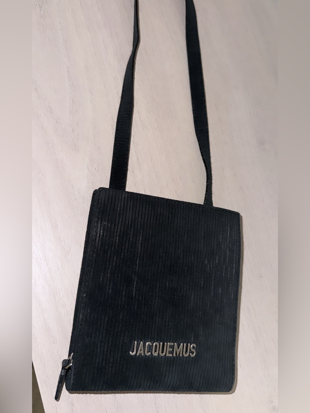 Jacquemus Black Ribbed Shoulder Pouch with Silver Logo